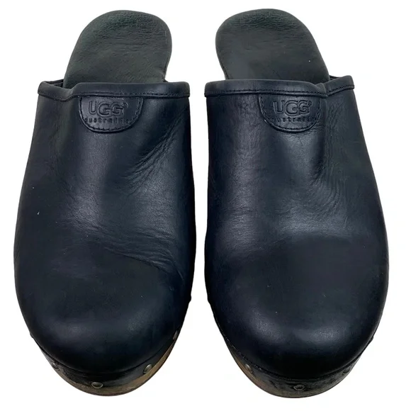 UGG Abbie Sz 9 Wooden Platform Clogs Mules Shoes Black Leather Fur Lined Studded - Picture 5 of 12